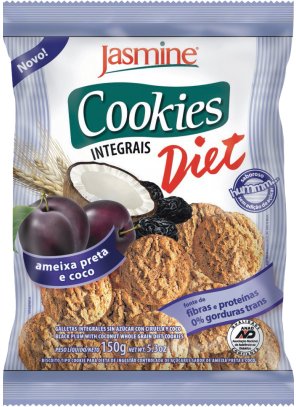 COOKIE DIET_ameixa e coco.png - Cookies Integrais Diet Ameixa Preta & CocoFonte de fibras e proteínasLivre de Gorduras TransSem adição de açúcarCERTIFICADO PELA ANAD Ingredientes: Farinha de trigo integral, farinha de trigo fortificada com ferro e ácido fólico, óleos vegetais (palma, milho ou soja), farinha de milho, maltodextrina, ameixa desidratada, fibra solúvel, amido de milho, coco desidratado, sal, edulcorantes naturais sorbitol, isomalte e glicosídeo de esteviol, agentes de crescimento (fosfato monocálcico, bicarbonato de sódio, bicarbonato de amônio), estabilizante natural lecitina de soja, aromas e corante natural caramelo. Consumir preferencialmente sob orientação do médico e/ou nutricionista.Disponível na versão: 150g. 